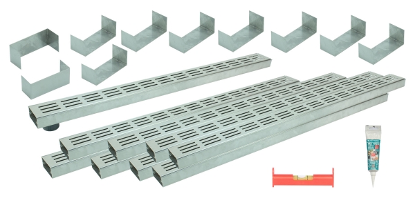 Entwässerungsrinnen Edelstahl superflach Rost Längsschlitzdesign SET Typ 9, System 35/80